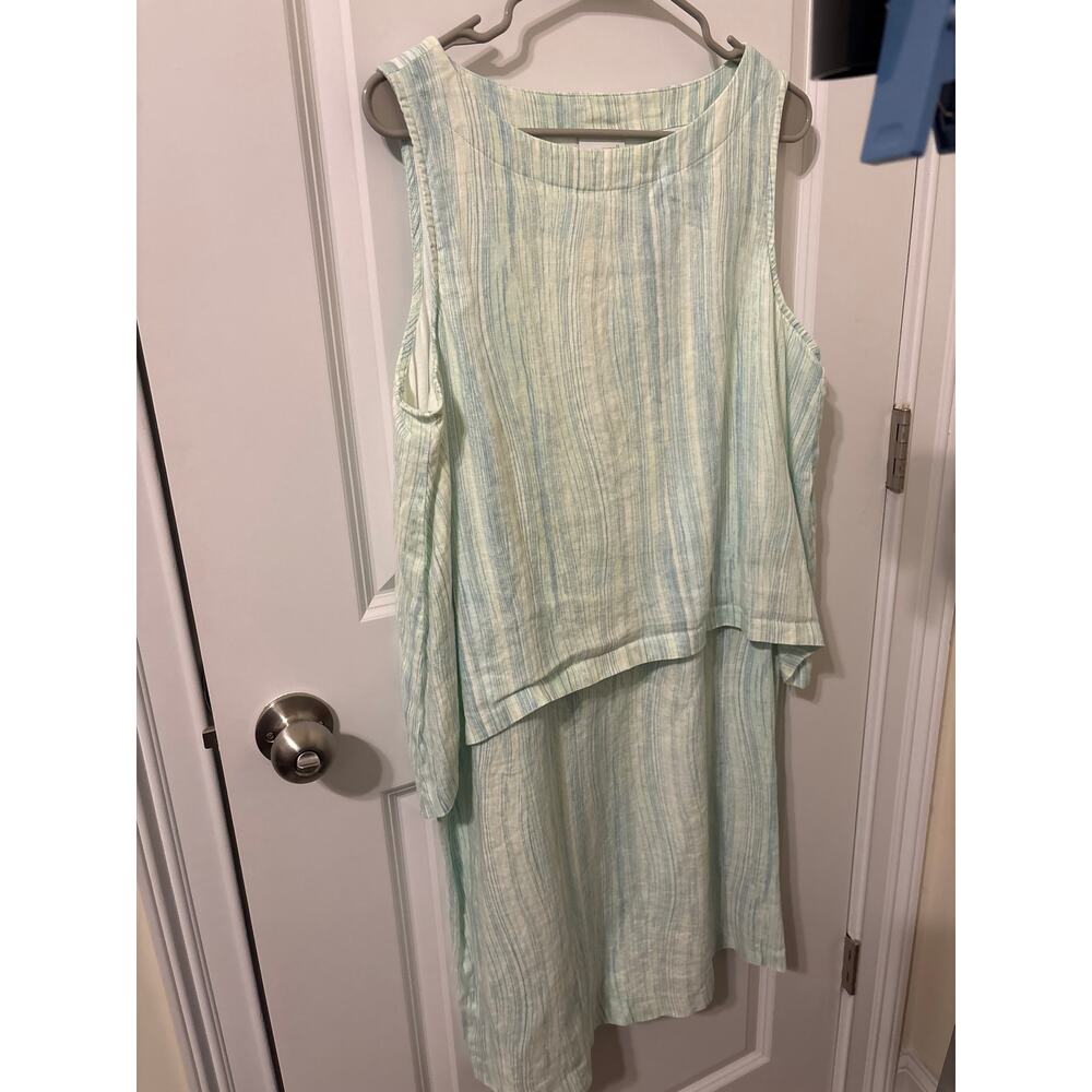 J Jill pure Jill linen sleeveless dress blue green stripes sz l guc flowy